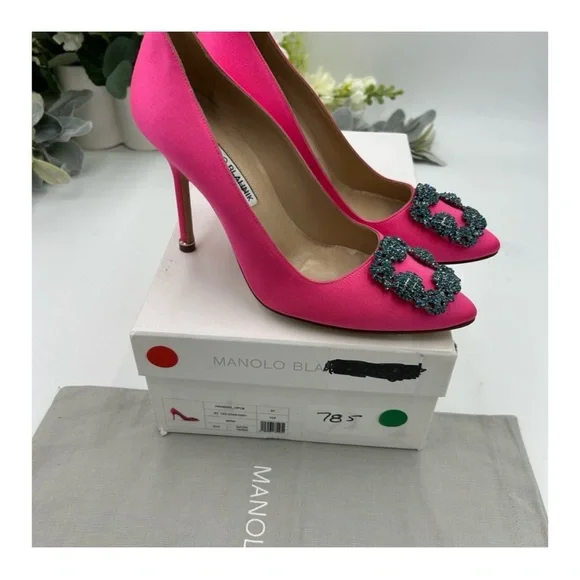 Women's Manolo Blahnik pink 105 mm satin heels size 37 made in Italy - Picture 6 of 6
